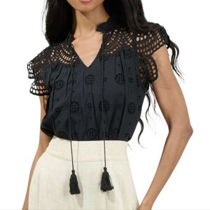 Jennifer Grace Black Lace Yoke Eyelet‎ Women's Peasant Blouse Top Plus Size New